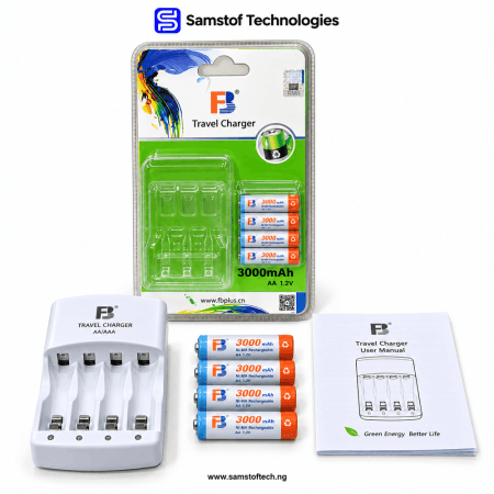 FB Travel Charger with 4× 3000mAh Rechargeable AA/AAA Batteries
